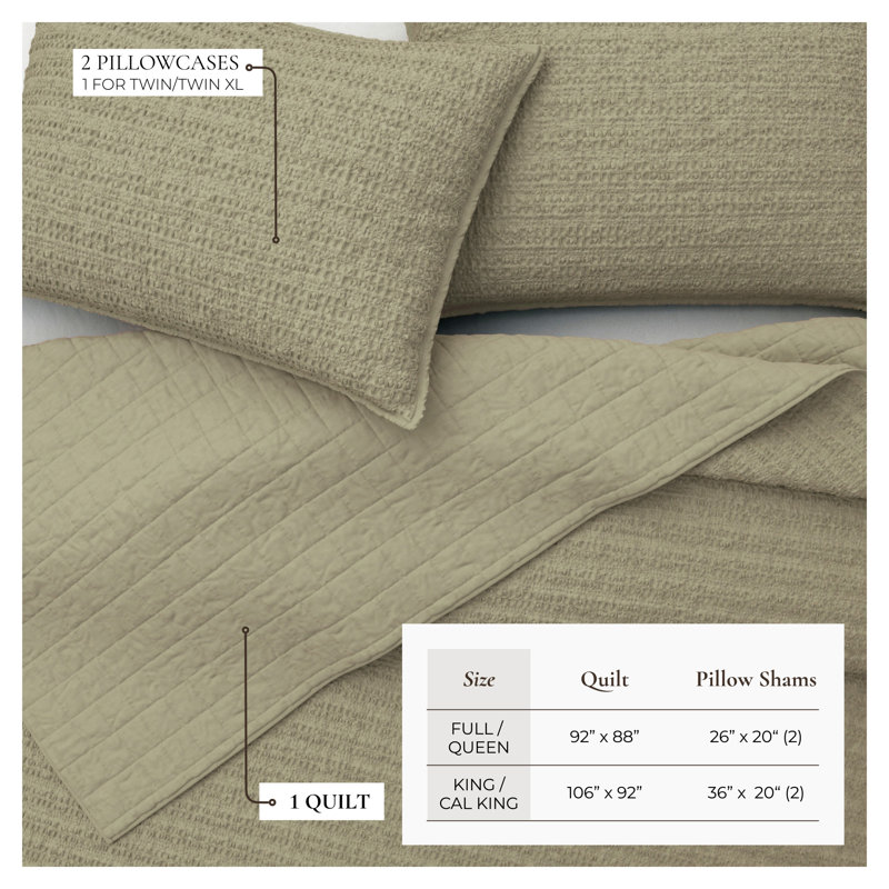 Ensemble de courtepointe et couvre-oreiller 100% coton délavé en nid d'abeille gaufré, Vert eucalyptus