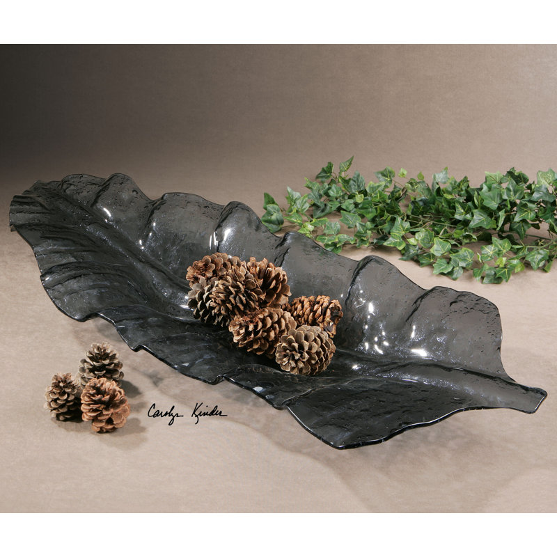 Smoked Dark Gray Leaf-Shaped Glass Tray