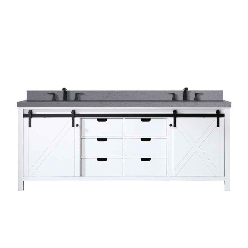 85,58 po L x P 22 po Meuble-lavabo double blanc - comptoir en quartz gris et robinet