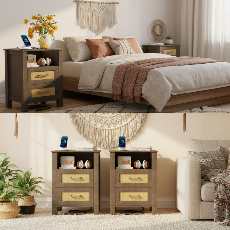 Boho Nightstand With Built-in Charging Station – 2 Ac Outlets, Usb-a & Usb-c, Dual Drawers & Open Shelf, 2, Gray 