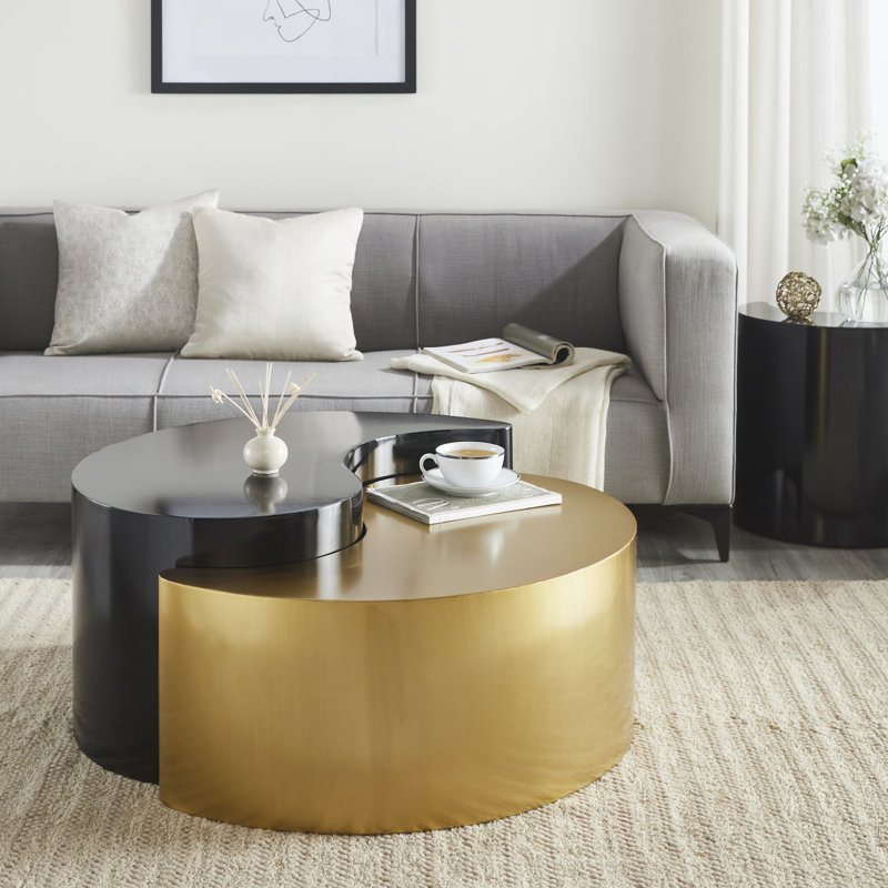 YING YANG Table basse de style moderne et contemporain fabriquée avec une structure en tôle de fer noire et dorée Identique à B009140738 (inventaire CA)