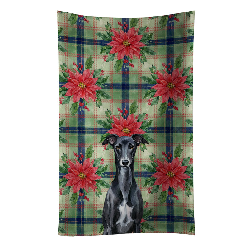Black Whippet Christmas PoinsettIas Kitchen Towel, Black Whippet