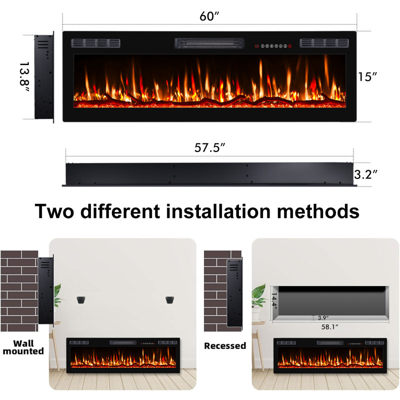 60 Inch Electric Fireplace In-wall Recessed And Wall Mounted, 15" H x 60" W x 3.2" D
