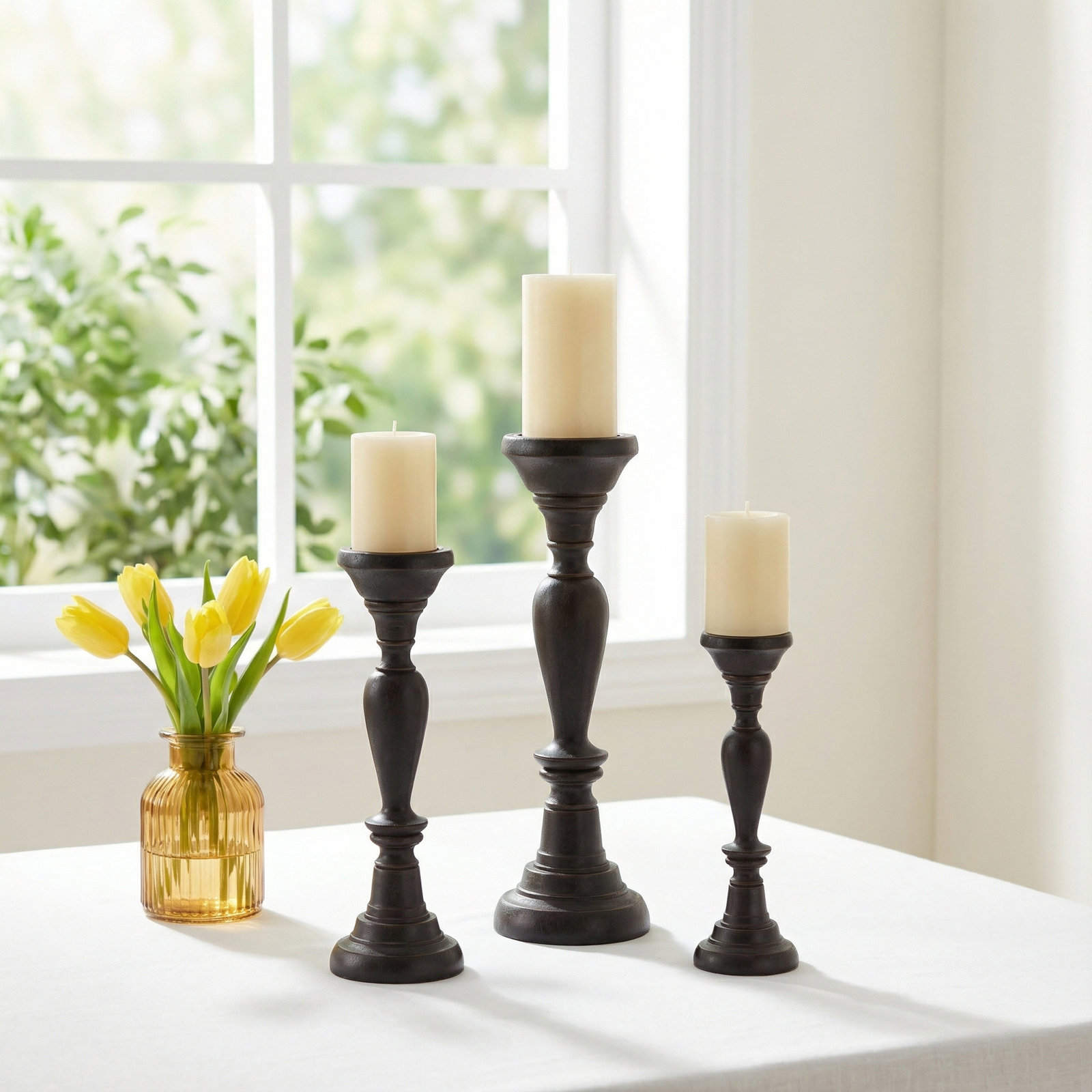3 Piece Wood Tabletop Candlestick Set