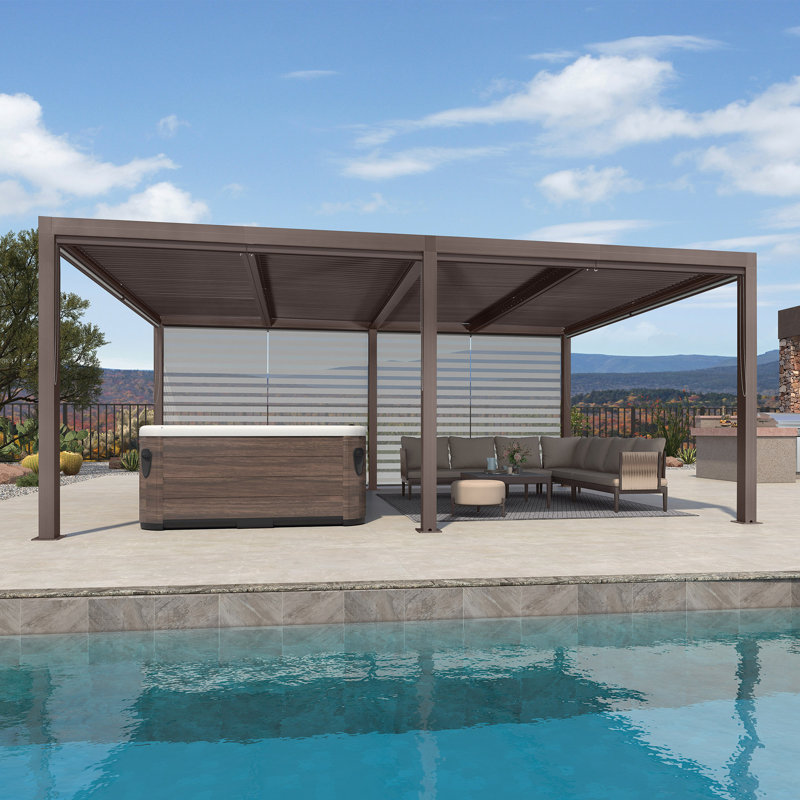 19 pi. L 12 pi. Pergola en aluminium avec abat-jour roulant, 1 côté long
