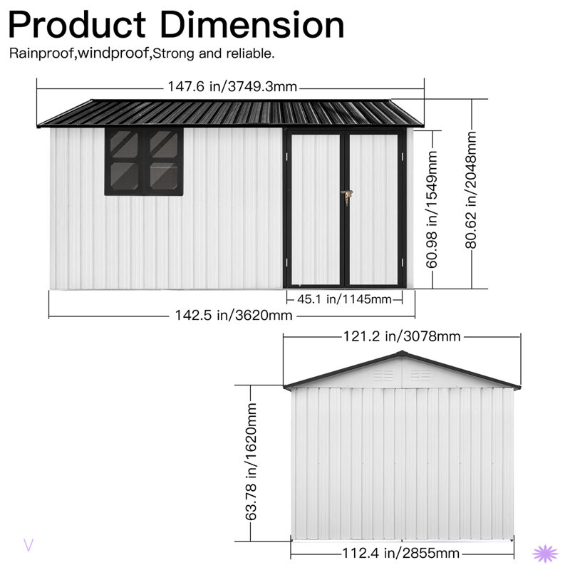 Abri de jardin en métal 10 pi x 12 pi avec rangement blanc et noir avec fenêtre