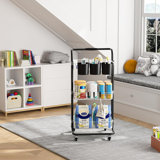 3 Tier Rolling Cart With Metal Handle, Hanging Cups, Hooks, Plastic Storage Baskets   Wheels Lockable Clear