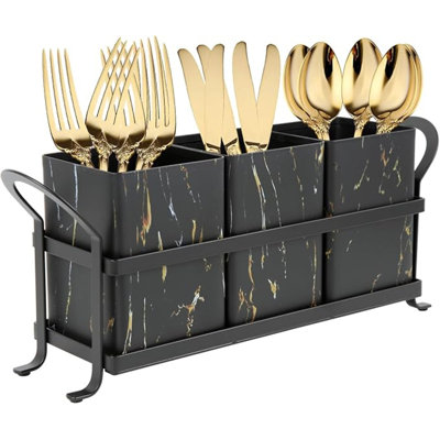 Kitchen Utensil Holder For Countertop, Golden Marble Black Flatware Holder Utensil Cutlery Organizer For Party Gatherings