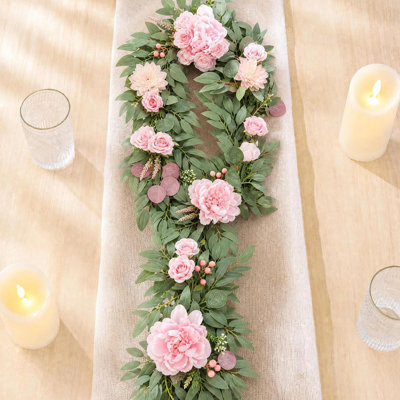 6FT Artificial Eucalyptus Garland with Dahlia, Roses and Willow Leaves, Blush Pink Faux Floral Garland for Wedding Arch, Table Decor, Wedding Centerpieces, Bridal Shower, Romantic Party Decorations
