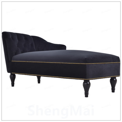Chaise longue en velours, canapé capitonné à accoudoir à droite avec garniture cloutée, pieds en bois massif pour le salon ou le bureau