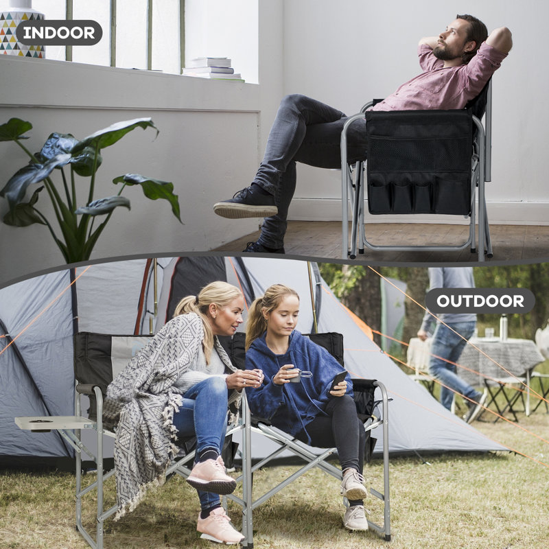 Oversized Heated Camping Chair, Portable Directors Chair With 3 Heat Levels And Side Table, Black
