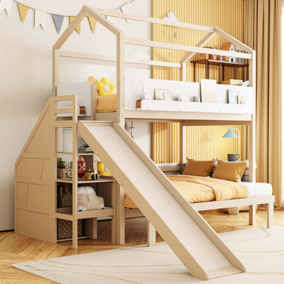Lit superposé en bois en forme de maison avec glissière et escalier de rangement, cadre de lit simple / simple / double, beige et blanc