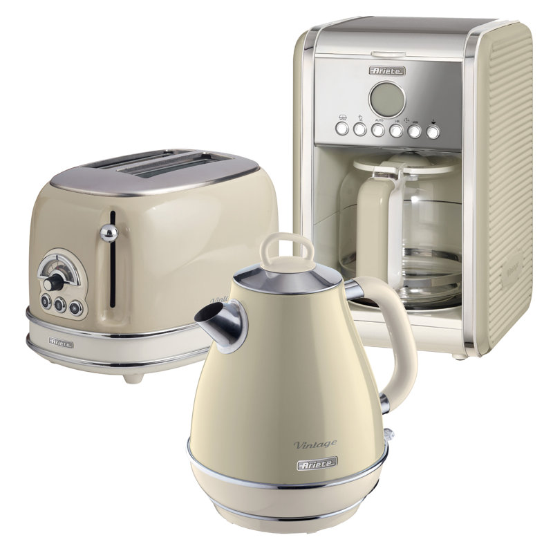 Ariete Vintage 1.7L Stainless Steel Jug Kettle with 2 Slice Toaster and 12 Cup Coffee Machine Set, Cream