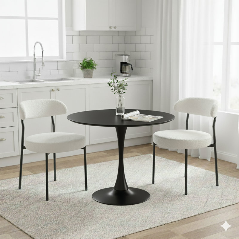 Ensemble de table de salle à manger rond avec 2 chaises, Blanc/Noir, Noir