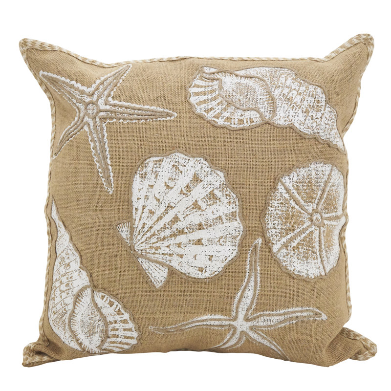 20" Beige Jute Square Throw Pillow with Seashell Design