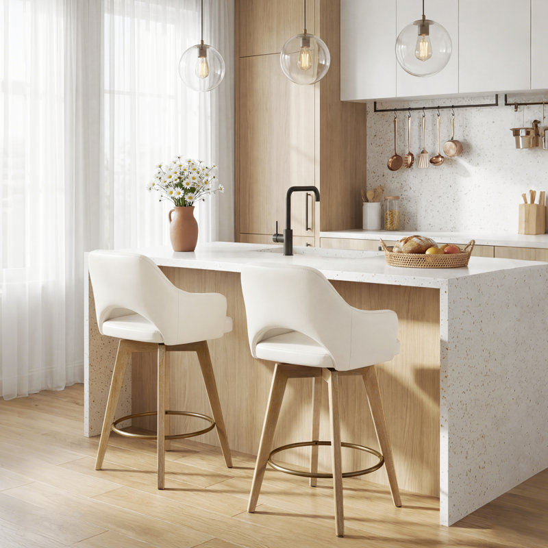 Lovetro  Mid Century Modern Open Back Faux Leather Upholstered Swivel Counter Stool with Wire Brushed Solid Wood Legs, Beige