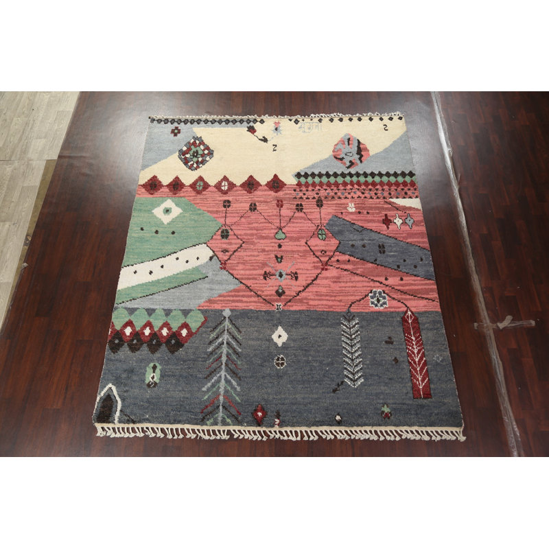 Tapis multicolore en laine noué à la main de conception unique 8 pi 2 po x 9 pi 8 po