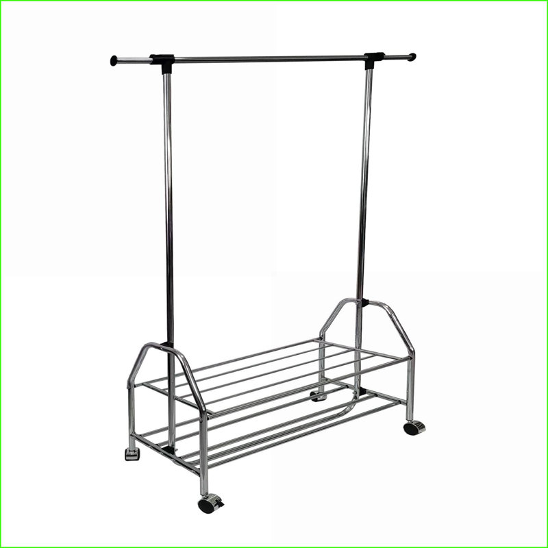Portant à vêtements, barre extensible en métal chromé avec tablette supérieure | Métal | Chambre à coucher
