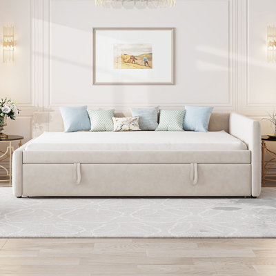 Full Size Upholstered L-Shaped Upholstered Daybed with Twin Size Pop Up Trundle