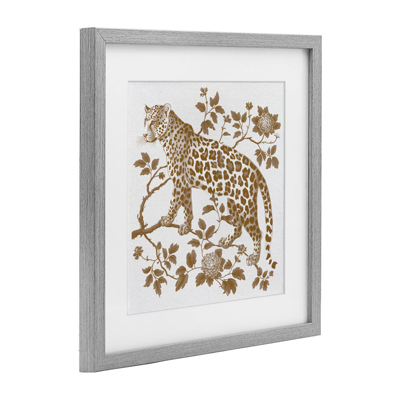 «Earthy Détails», reproduction de léopard rétro encadrée sous verre, design avec lettres et doublure, Cadre de ferme gris