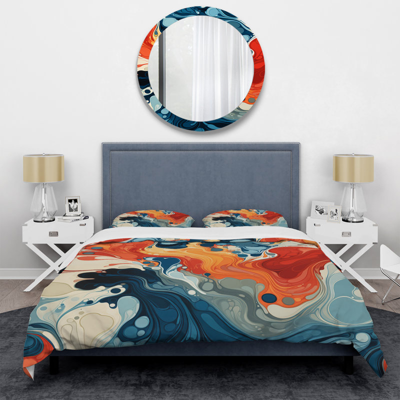 Ensemble de housse de couette à encre liquide bleue et orange, Housse de couette pour très grand lit et 2 très 