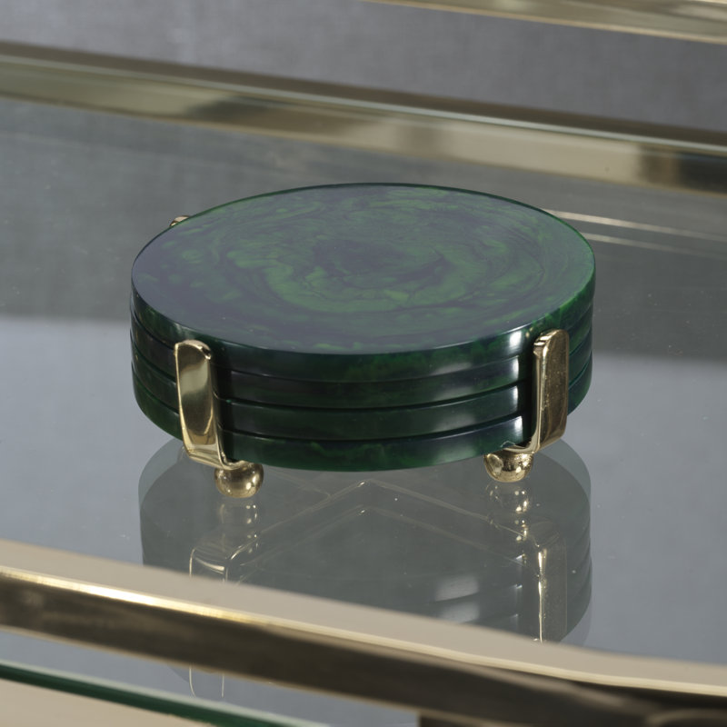 Gomez 4-Piece Set Coasters on Stand, Green w/ Gold Stand