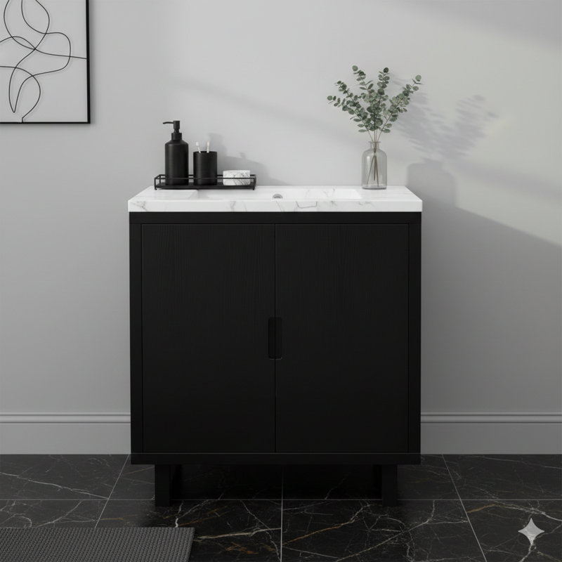 Ensemble de meuble-lavabo de 30 pouces avec lavabo, armoire combinée, armoire de rangement et structure en bois massif