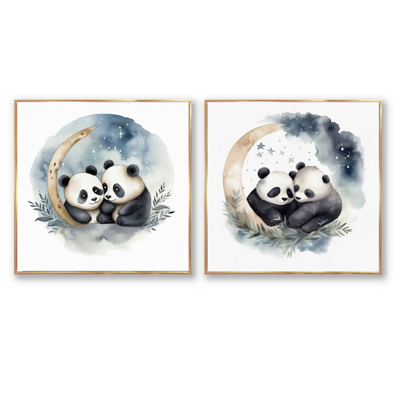 Ensemble de 2 aquarelles - Pandas, Cadre flottant doré, H 30 po x l 61 po