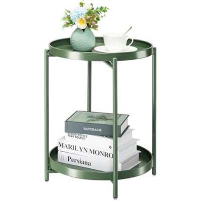 Table d'appoint en métal à 2 niveaux avec plateau amovible, table de chevet pliante d'extérieur, table de chevet verte antirouille pour chambre, balcon ou terrasse, ensemble de 2 (vert foncé)