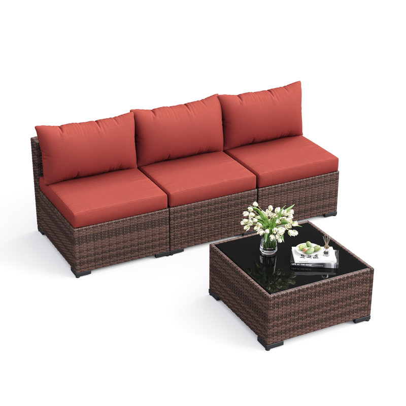 Ensemble canapé de jardin 3 places en résine tressée avec coussins et table basse en verre, Rouge