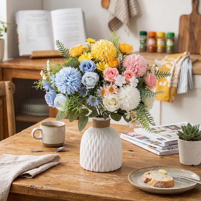 Faux bouquet de fleurs mélangées dans un vase, fleurs artificielles dans un vase pour la décoration