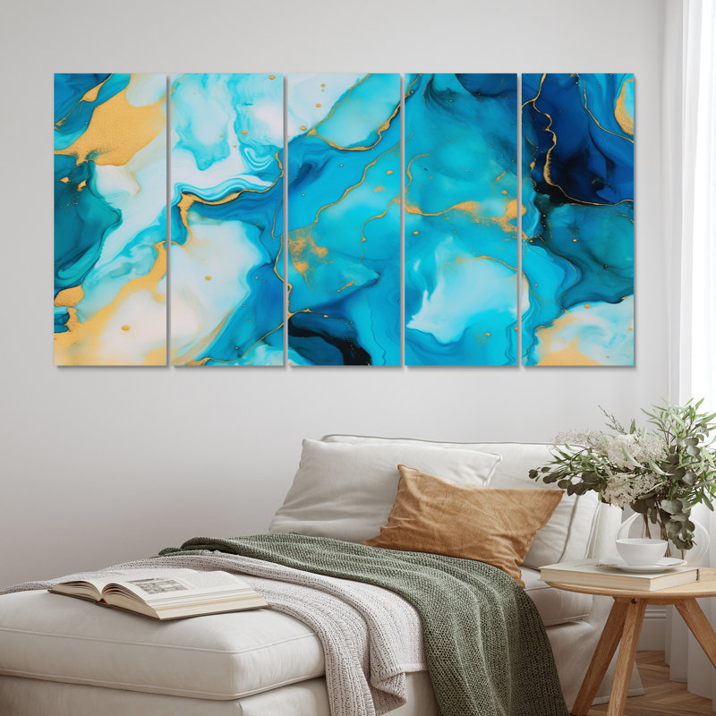 Turquoise luxueux, art abstrait fluide IV - reproduction sur toile abstraite - 5 panneaux égaux