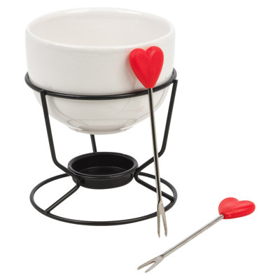Chocolate Fondue Set w/ Ceramic Bowl, Tealight Stand and 2 Heart Forks