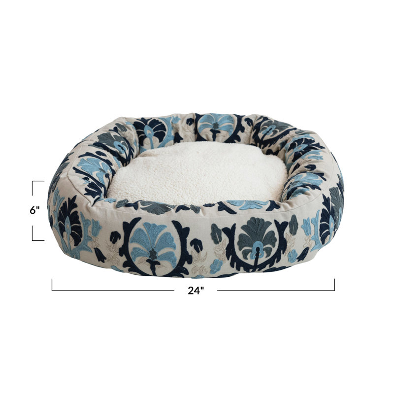 Lit rond rond en coton et sherpa avec housse amovible, Bleu / gris