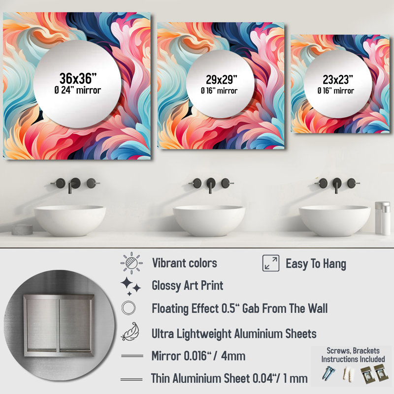 Rose et bleu tourbillons électriques infusent I - miroir carré moderne pour décoration murale, 29 po x 29 po