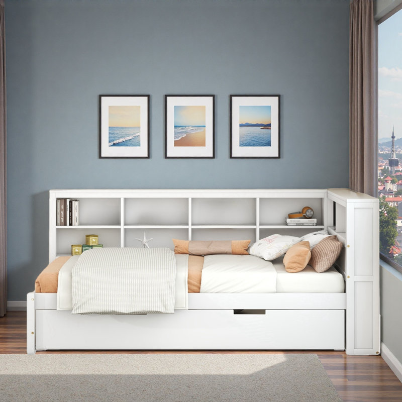 Wooden Daybed With Twin Size Trundle, Storage Shelf And Usb Charging Ports, Twin, White
