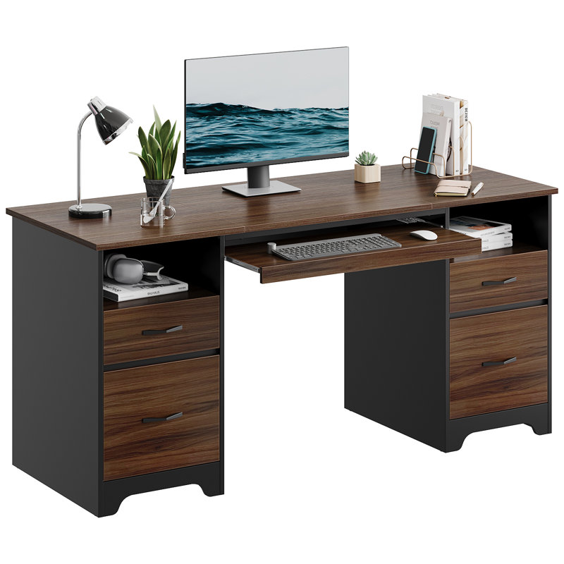 150cm Executive Desk With 2 File&Storage Drawers, Computer Writing Desk With Keyboard Tray For Home Office, Cherry