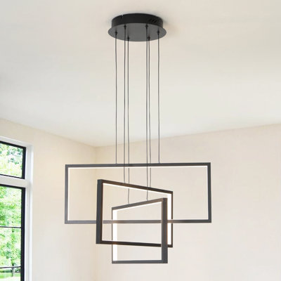 Kanise 3-Light Modern Chandelier Rectangular Black Cage Kitchen Island Pendant with Remote