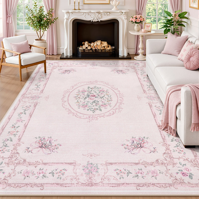 Tapis Boho Vintage, doux, floral, lavable, antidérapant, certifié Oeko-Tex, Light Pink, 9 pi x 12 pi