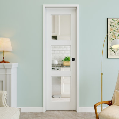 18" x 80" 3-Lite Clear Glass Interior Prehung Door with Round Knob and Silver Hinges, Clear Glass Door Slab, Paintable & Waterproof, Suit for Laundry, Closet Doors, Room Doors, Left Hand