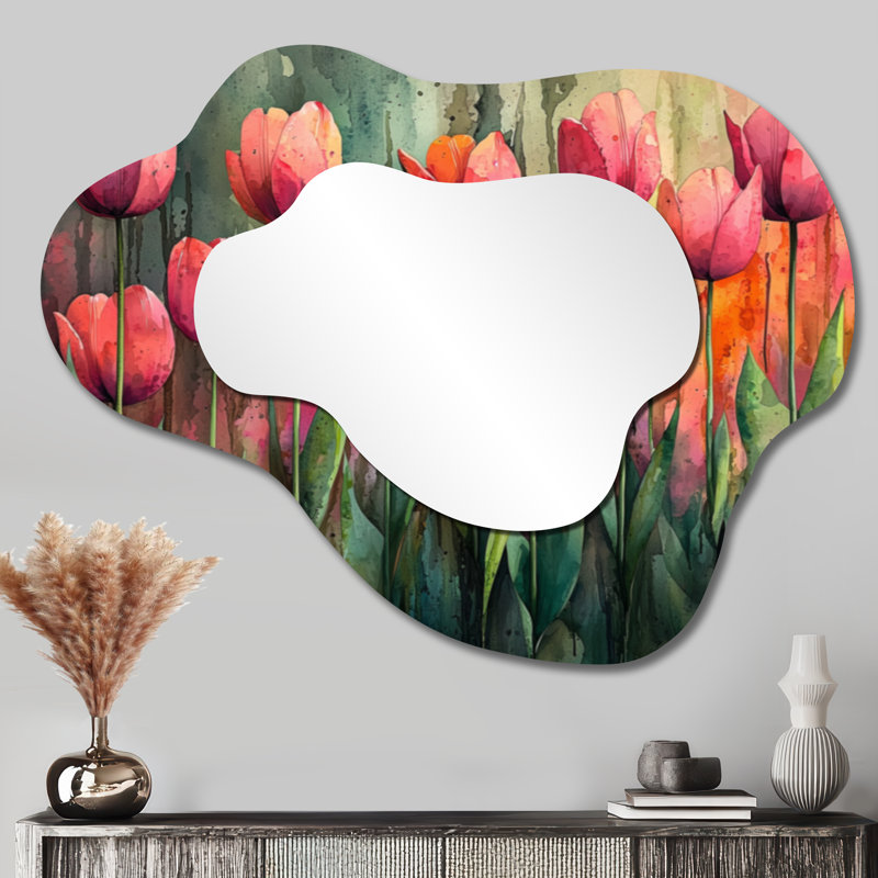Watercolor Pink Hues Tulips Field Horizon I - Tulips Irregular Asymmetrical Mirror, Traditional Wall Mirror, Printed on Metal