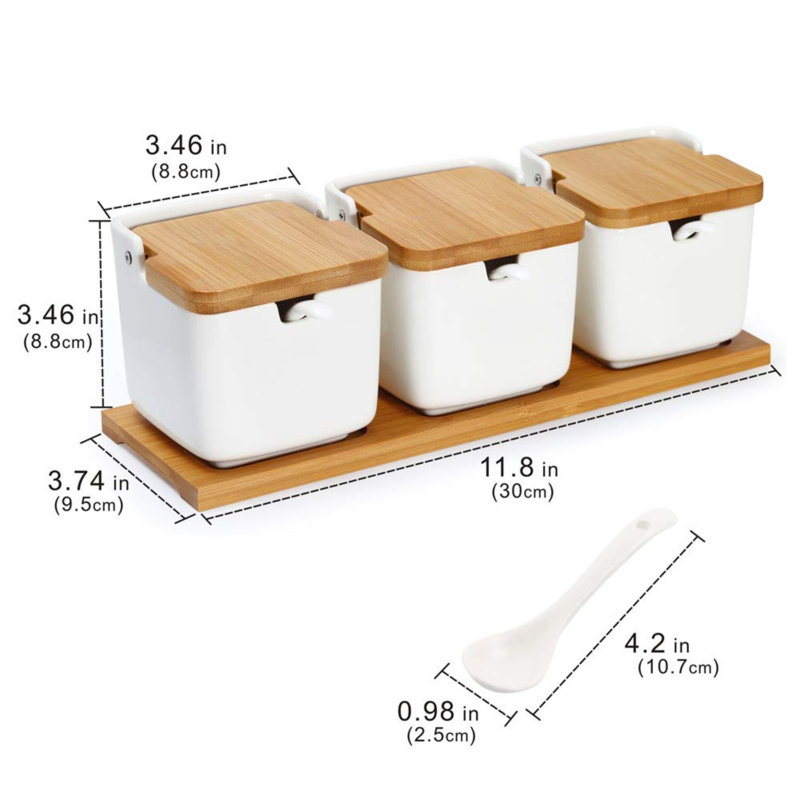 Porcelain Sugar Bowl Condiment Jar-Ceramic Flip Top Spice Container With Bamboo Lids And Spoons,For Kitchen Home