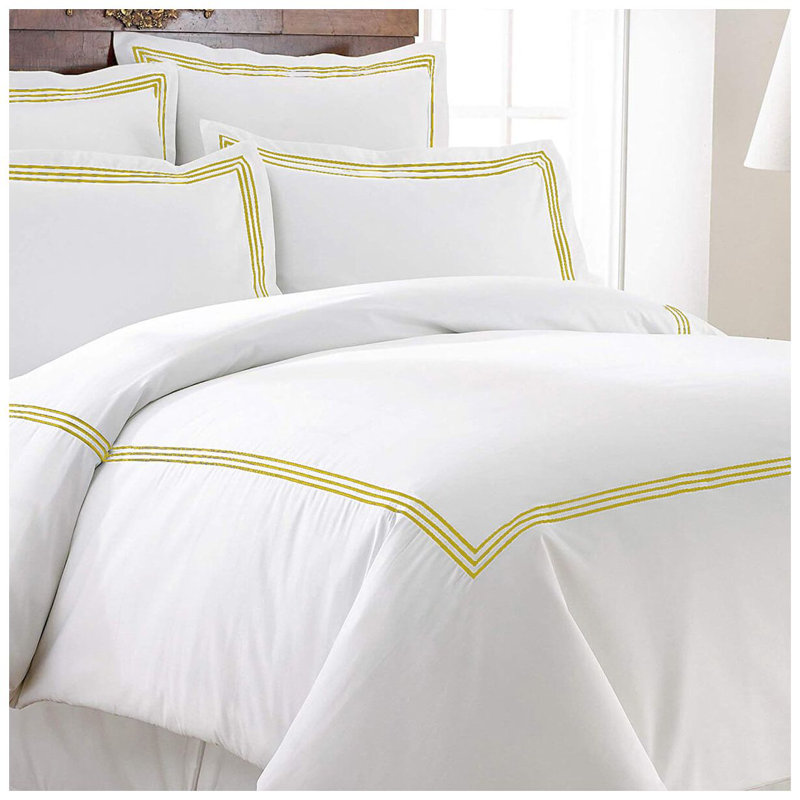 400TC Cotton Triple Embroidery Sateen Solid Duvet Cover Set, Oversized King Duvet Cover, White/Yellow