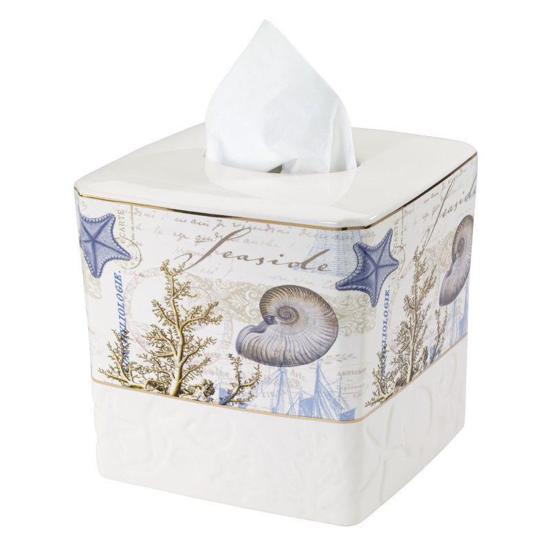 Antigua Coastal Ceramic Tissue Box Cover with Gold Trim