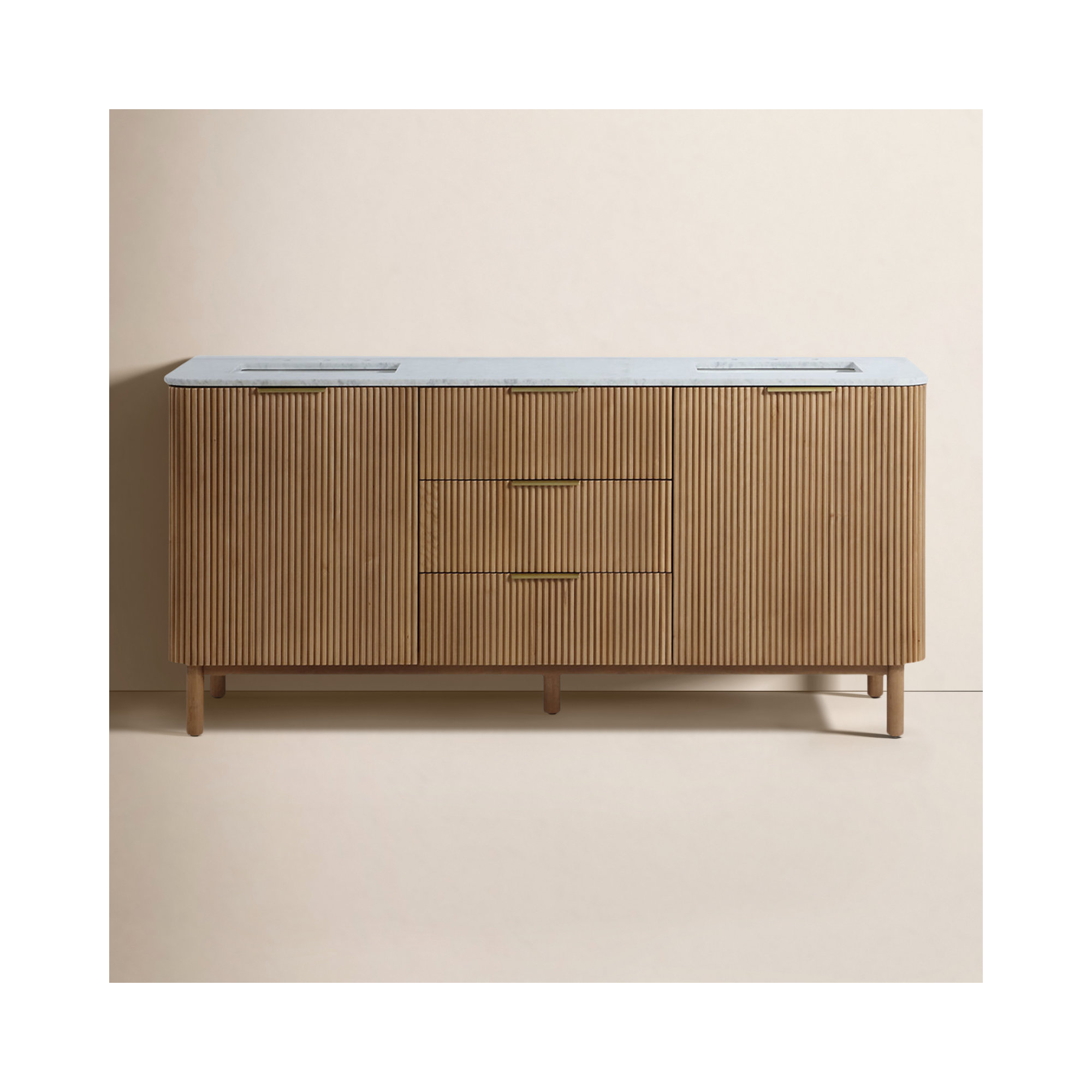 Nova 72" Marble Top Double Sink Bathroom Vanity, Reeded Birch