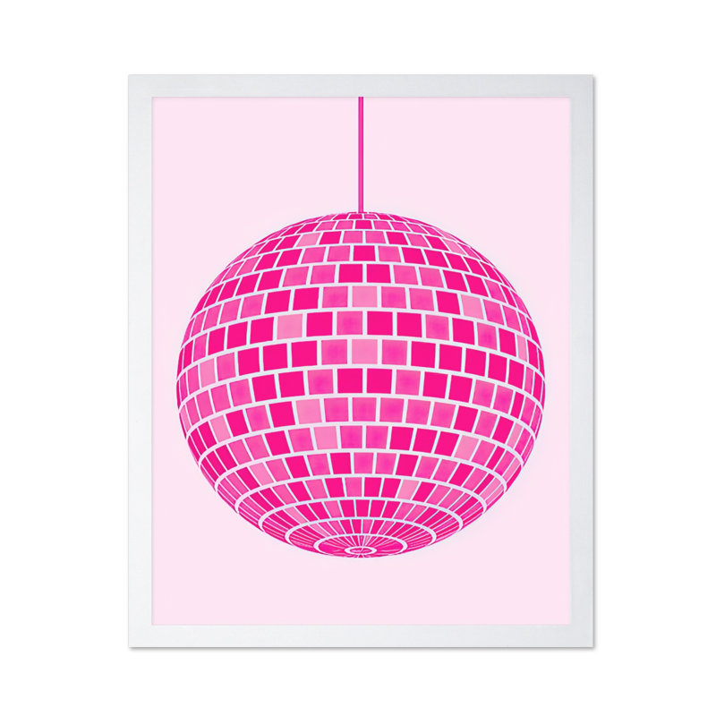Boule disco rose, Affiche, H 24 po x l 32 po, Encadrement blanc