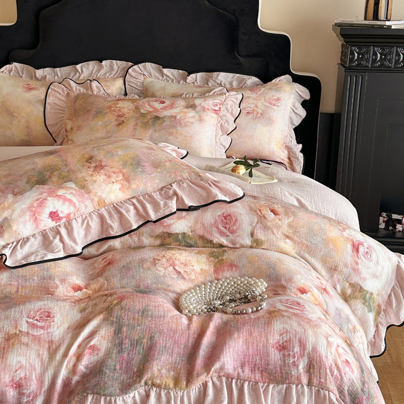 Floral Double-Layer Crinkle Cotton Duvet Cover Set, Queen Duvet Cover + 2 Pillowcases, Pink