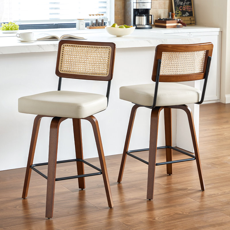 Swivel Counter Height Bar Stools Set of 2,Mid Century Modern Barstools with Rattan Back,27 inch Seat Height Solid Wood Kitchen Island Stools,Beige Faux Leather Upholstery Bar Chairs