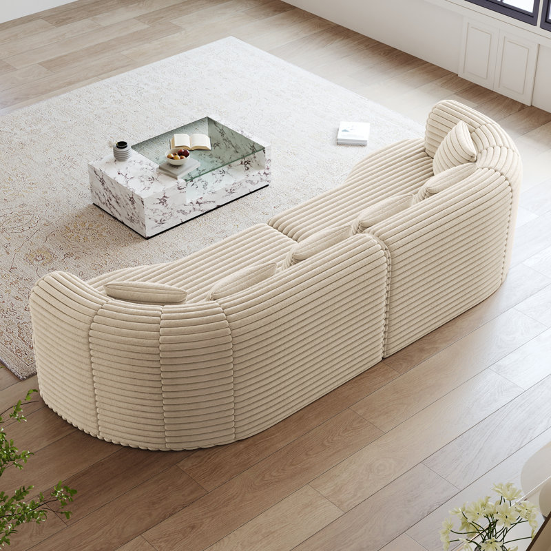 Canapé modulaire courbé de 106 po - Très grande méridienne Cloud avec 6 coussins, 4 places en velours côtelé moelleux et siège en mousse à mémoire de forme, beige