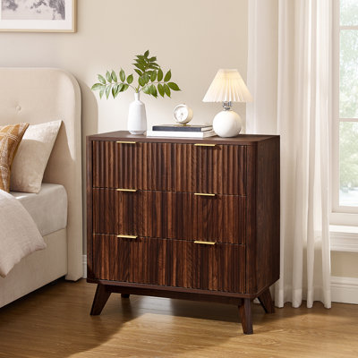 32" High Faux Marble Side Table with 3 Drawers & Fluted Design